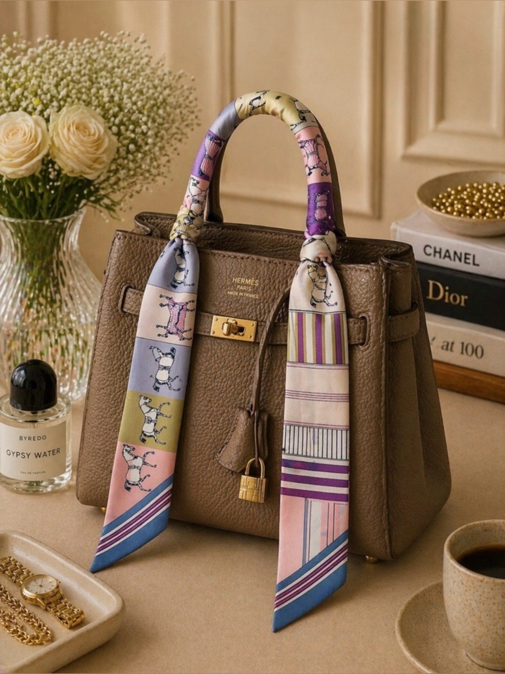 EQUESTRIAN SKINNY SCARF LAVENDER STRIPE HAIR TIE BAG HANDLE WRAP NECK WRIST TIE
